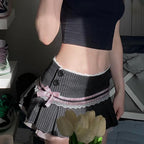 Pink Bow Stitched Pleated Skirt