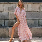 Pink Floral Maxi Dress Sexy Deep V-neck Side Split Boho Dress