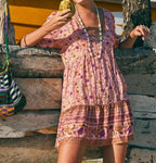 Pink Floral Print Robe A-line Mini Dress Women Beach Boho Summer Dress