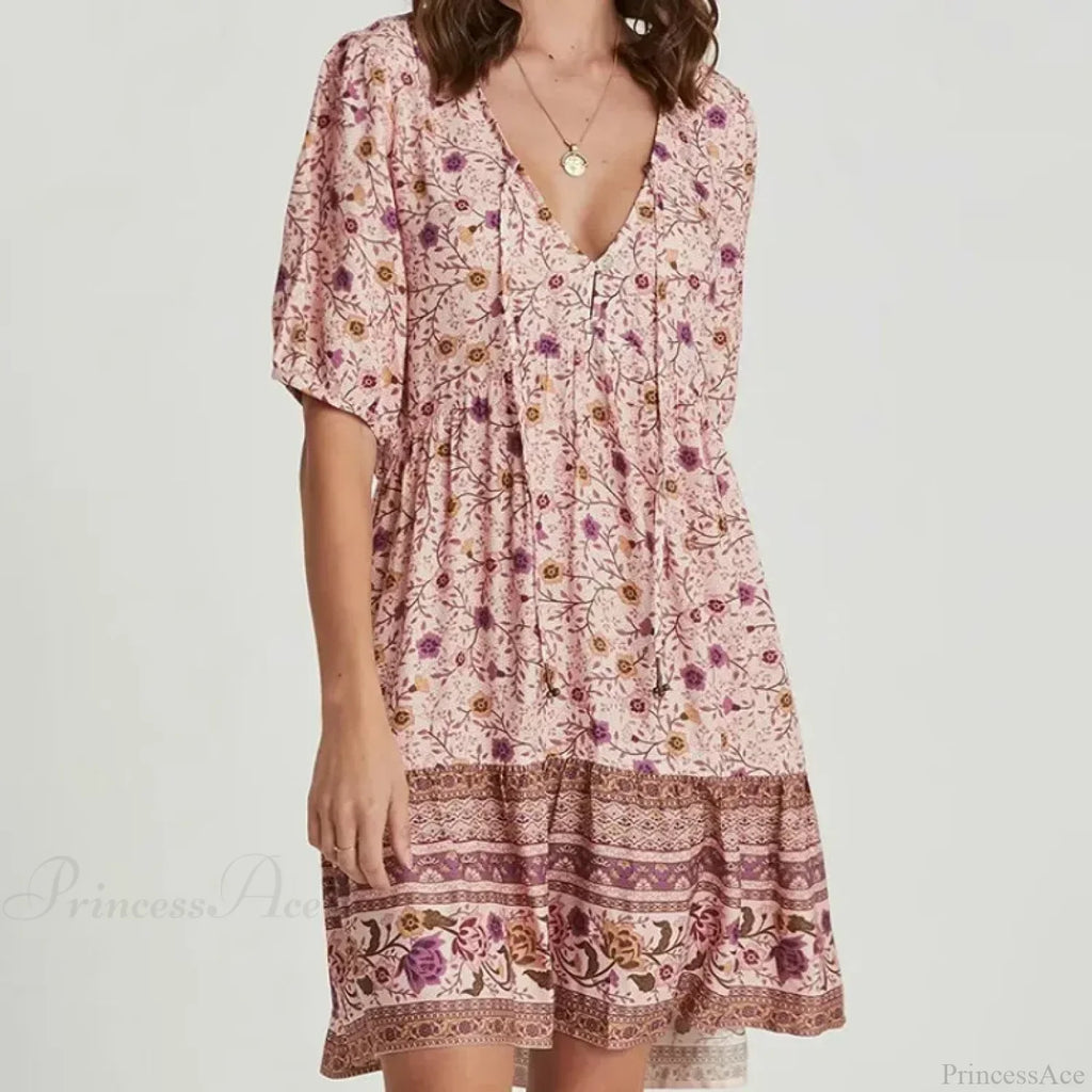 Pink Floral Print Robe A-line Mini Dress Women Beach Boho Summer Dress