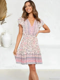 Pink Floral Short Sleeve Loose V-neck Mini Boho Dress