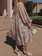 Pink Floral Square Collar Short Sleeve Boho Dress