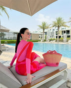 Pink Patchwork Zipper One Piece Swimsuit