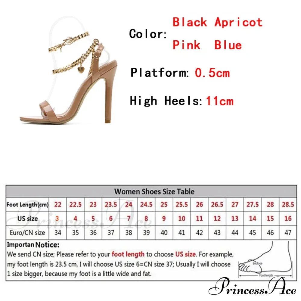 Pink Patent Leather Summer Women's Sandals with Metal Chain Ankle Strap and Stiletto Heels