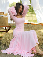 Pink Square Collar Maxi Vacation Dress