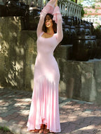 Pink Square Collar Maxi Vacation Dress