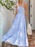 Bluewhite Pinstripe Shirred Backless Long Cami Dress