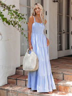 Bluewhite Pinstripe Shirred Backless Long Cami Dress
