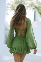Wrap V-Neck Open Split Balloon Sleeve Tassel Tie Belt Ruffle Hem Mini Dress