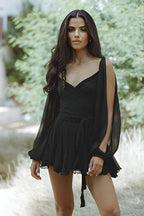 Wrap V-Neck Open Split Balloon Sleeve Tassel Tie Belt Ruffle Hem Mini Dress