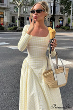 Plaid Flare Sleeve Waist Fitted Square Neck Maxi Dress