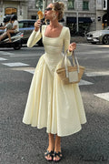 Plaid Flare Sleeve Waist Fitted Square Neck Maxi Dress