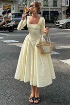 Plaid Flare Sleeve Waist Fitted Square Neck Maxi Dress