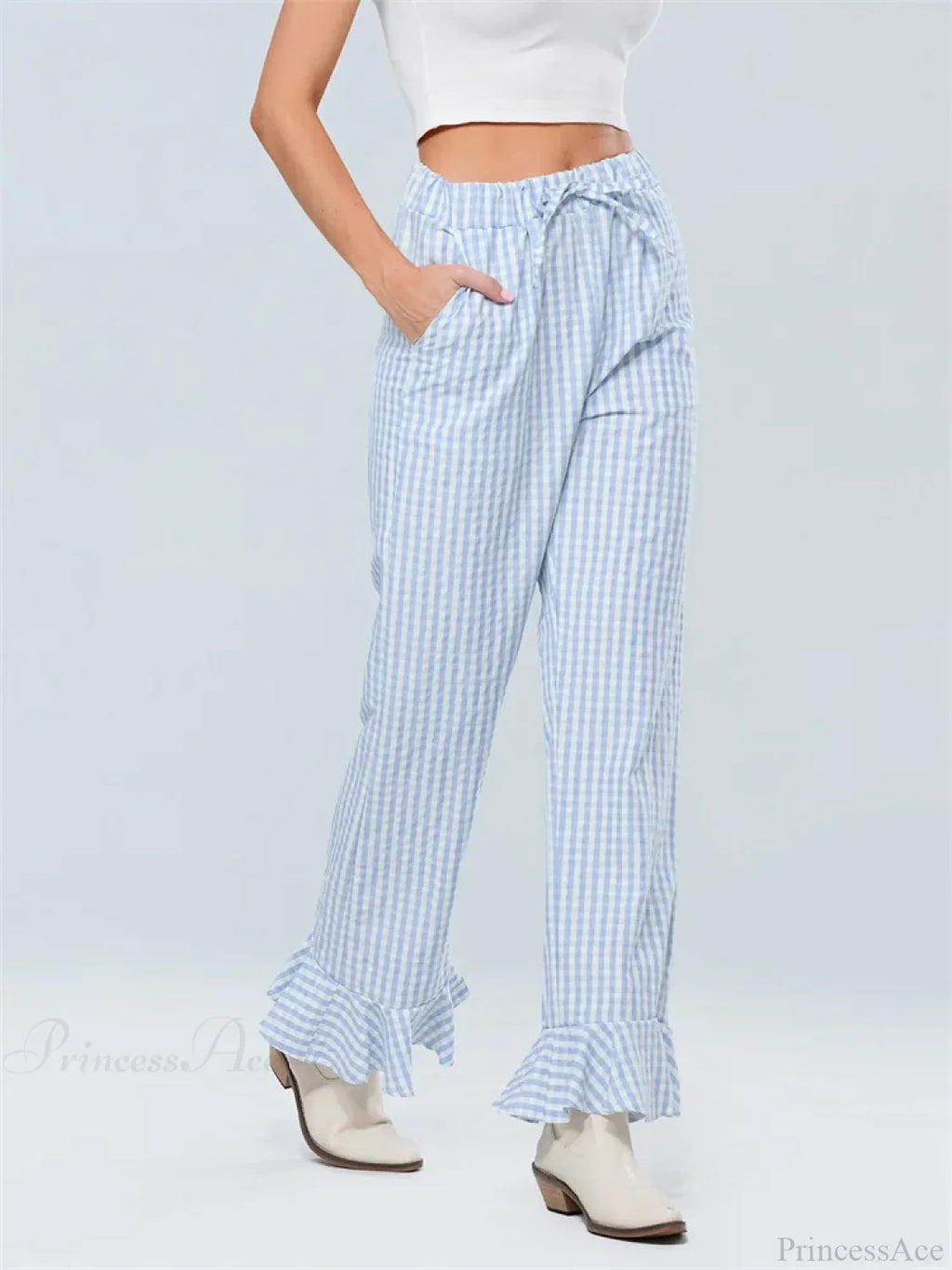 Plaid Flared Drawstring High Waist Casual Pant