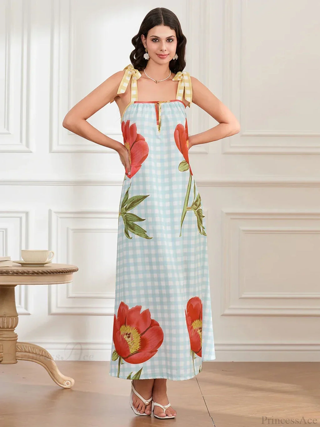 Plaid Flower Sleeveless Tank Floral Dress