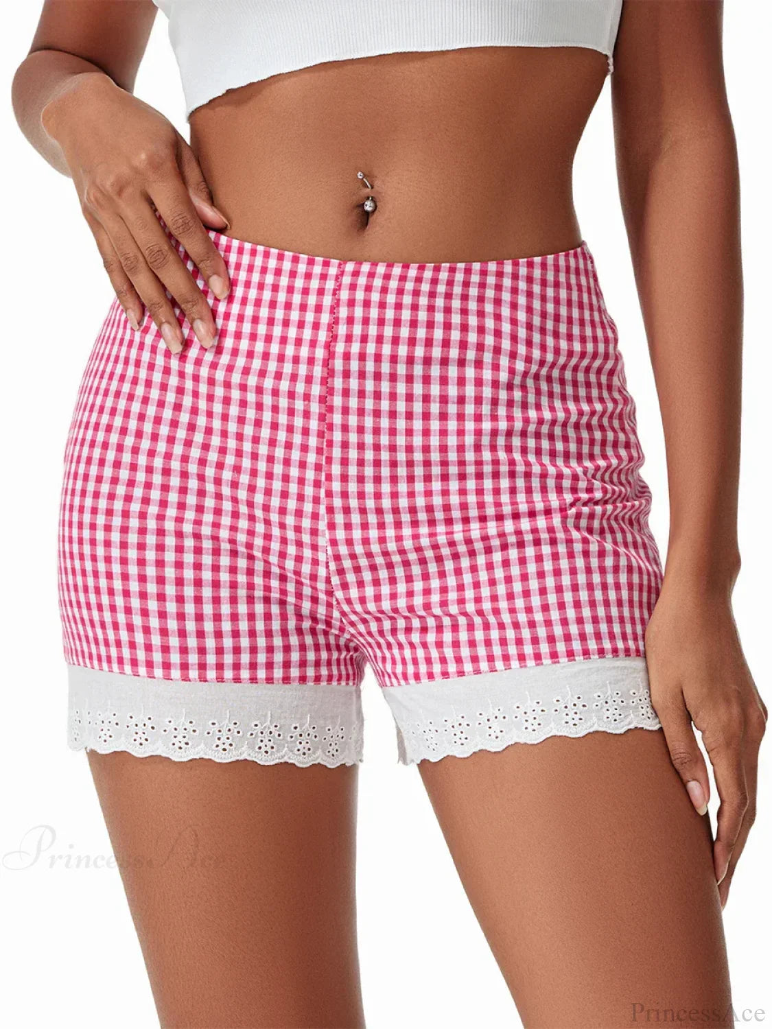 Plaid Lace Crochet Hem Short