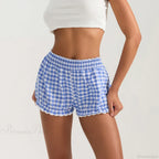 Plaid Lace Trim Elastic Waist Short