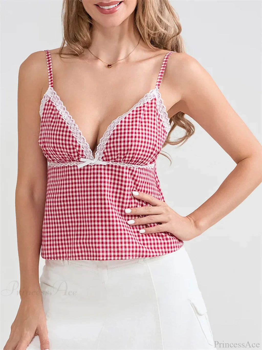 Plaid Lace Trim Spaghetti Strap Tank Crop Top