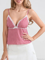 Plaid Lace Trim Spaghetti Strap Tank Crop Top