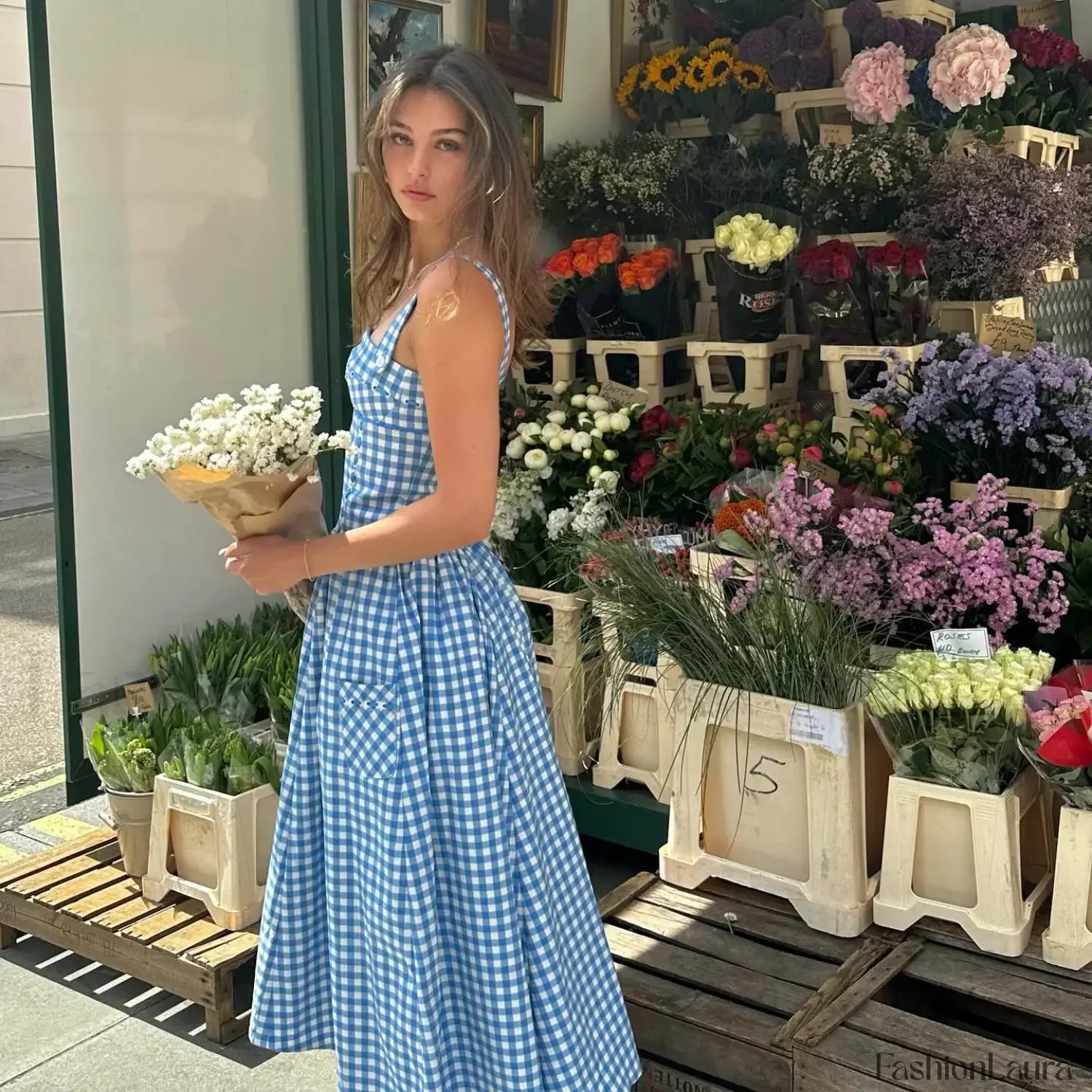 Blue Plaid Pocket Midi Dress