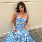 Blue Plaid Pocket Midi Dress