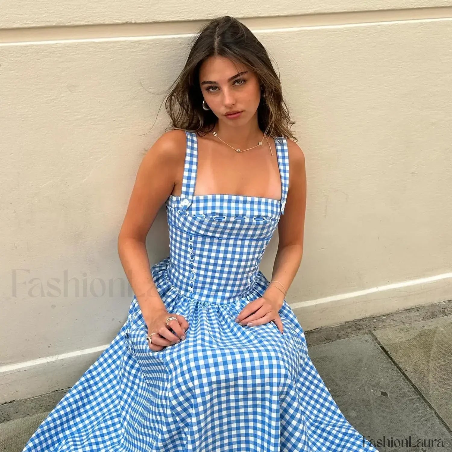 Blue Plaid Pocket Midi Dress