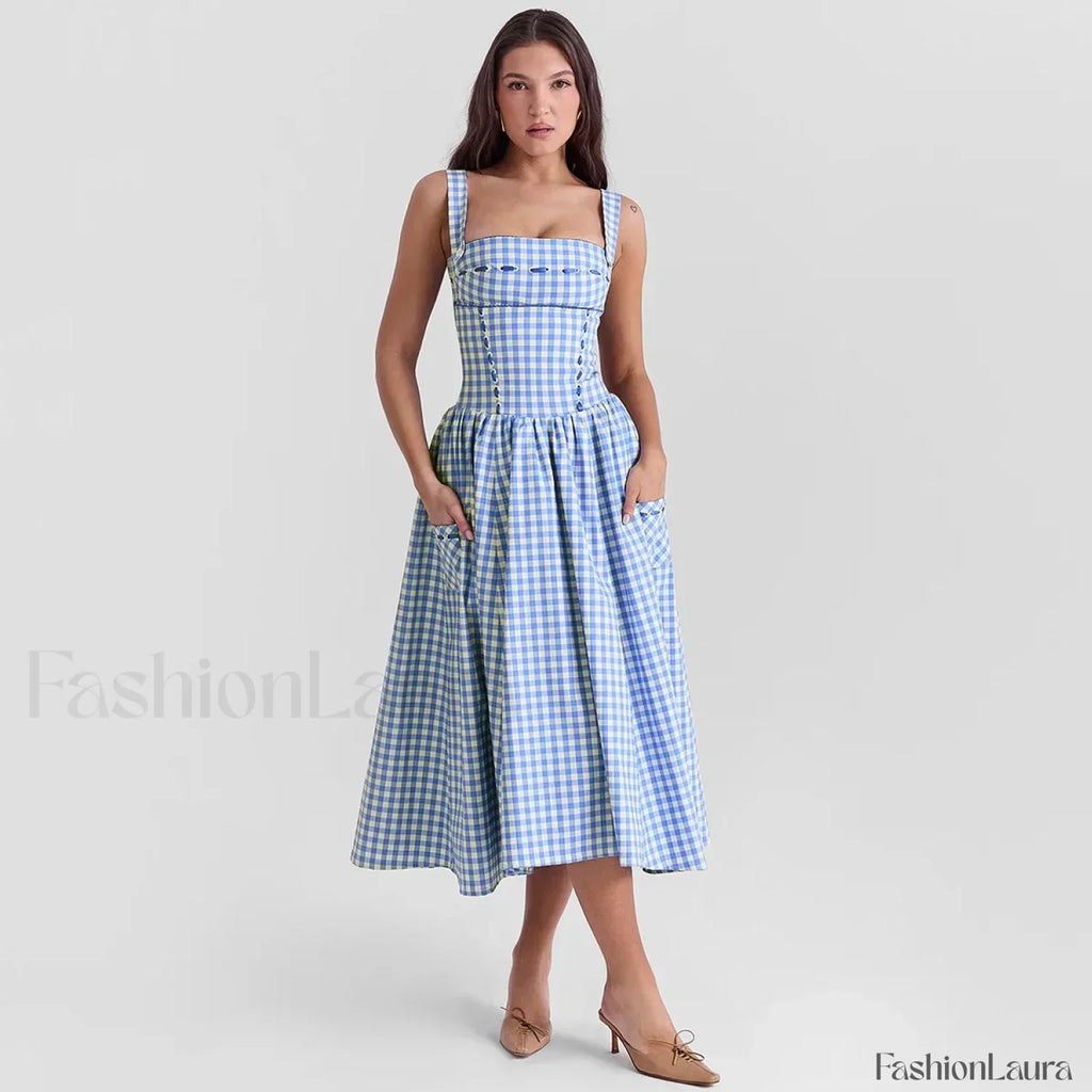 Blue Plaid Pocket Midi Dress