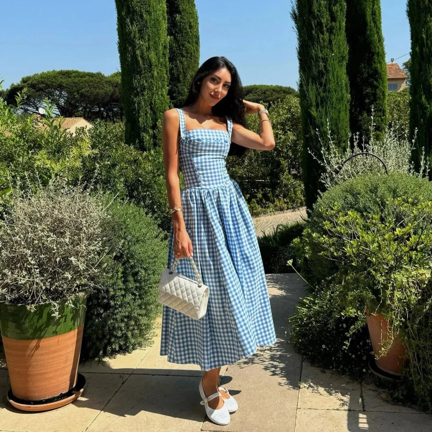 Blue Plaid Pocket Midi Dress
