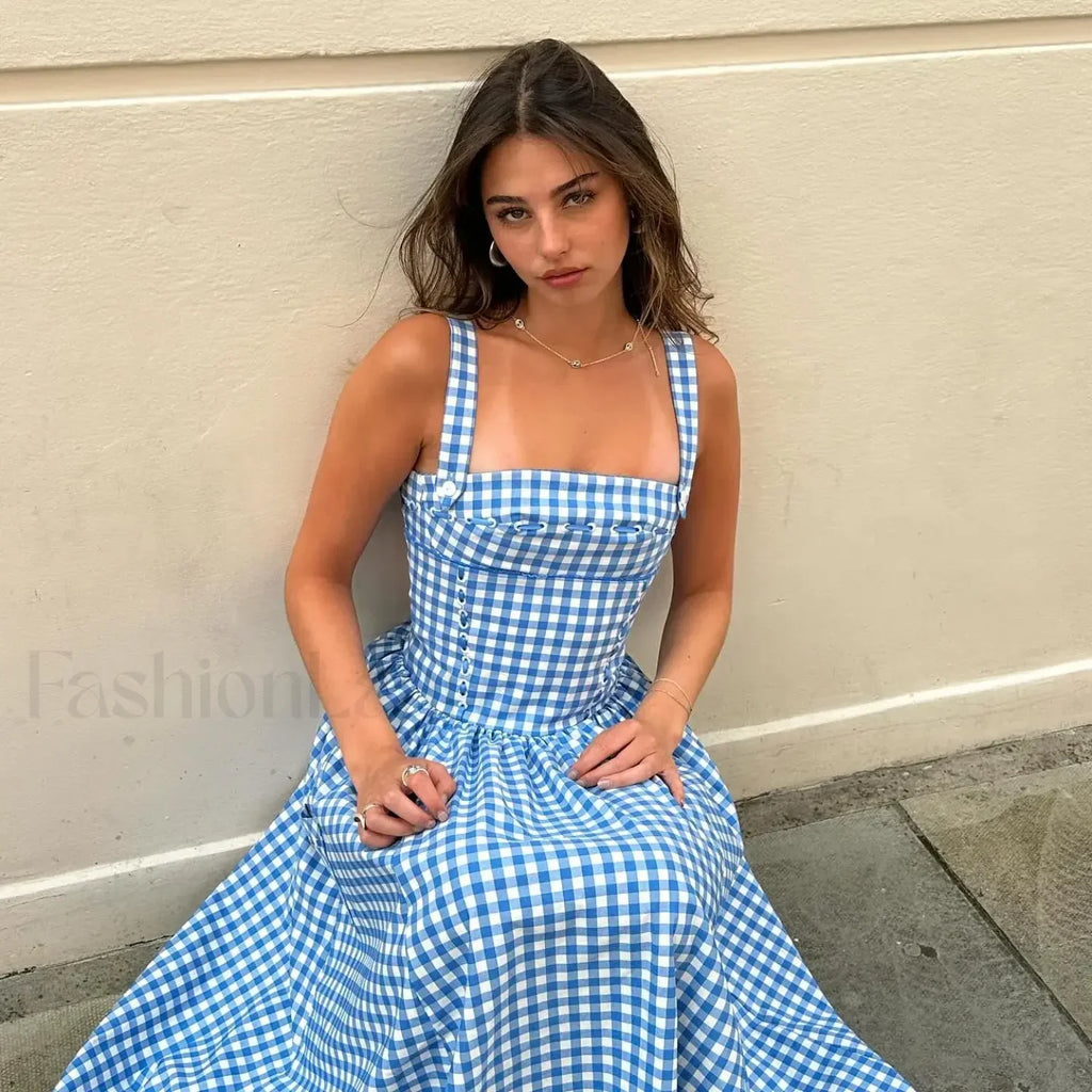 Blue Plaid Pocket Midi Dress