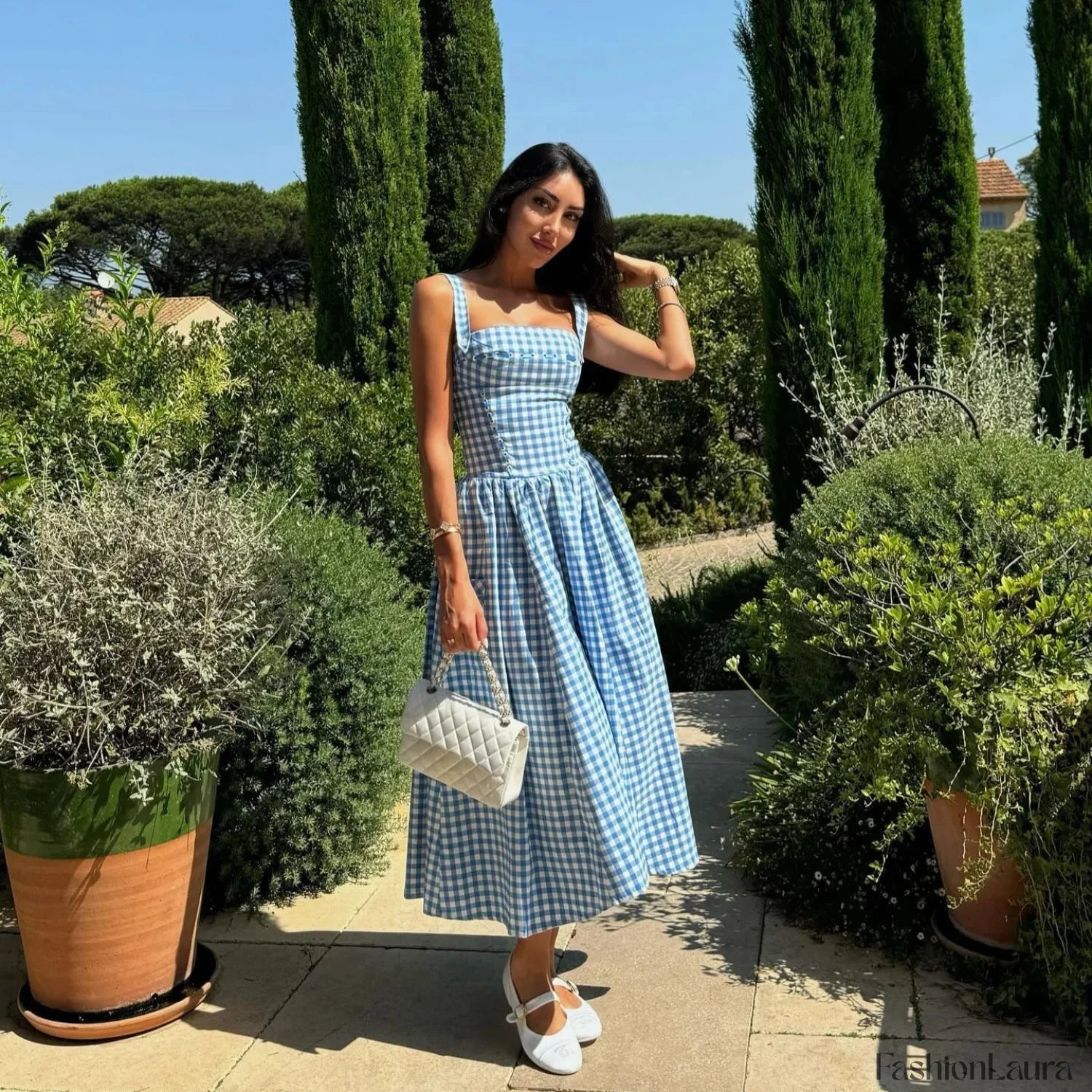 Blue Plaid Pocket Midi Dress