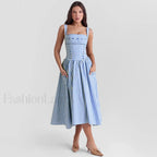 Blue Plaid Pocket Midi Dress