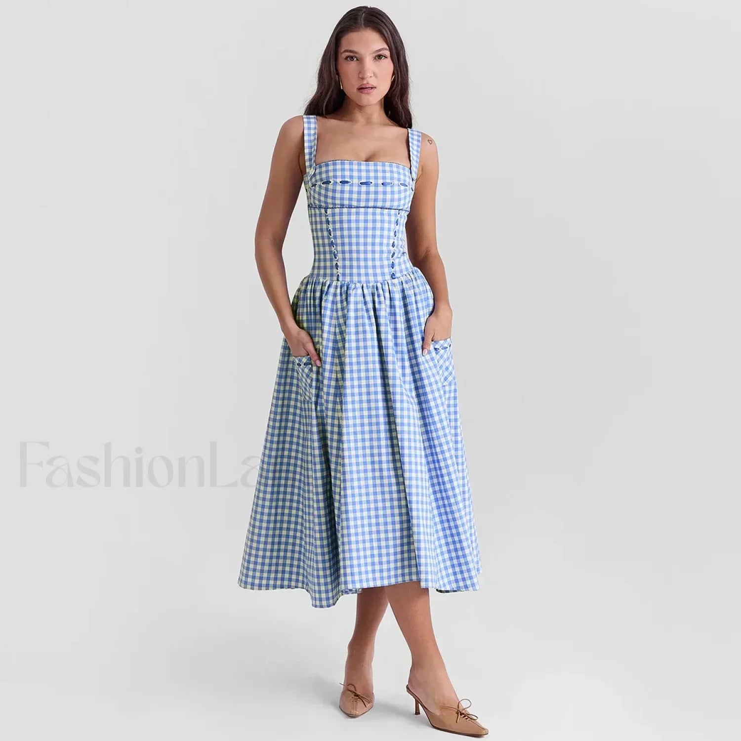 Blue Plaid Pocket Midi Dress