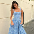 Blue Plaid Pocket Midi Dress