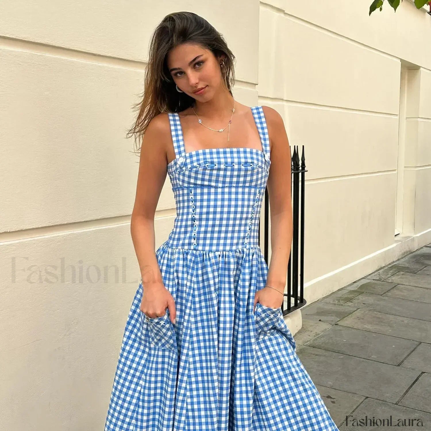 Blue Plaid Pocket Midi Dress