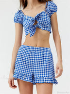 Plaid Print Knotted Short Sleeve T-shirt Crop Top with Elastic Waist Shorts Set
