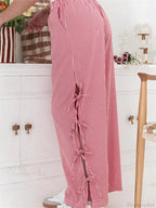 Plaid Print Lace-Up Side Hollow Casual Wide Pant