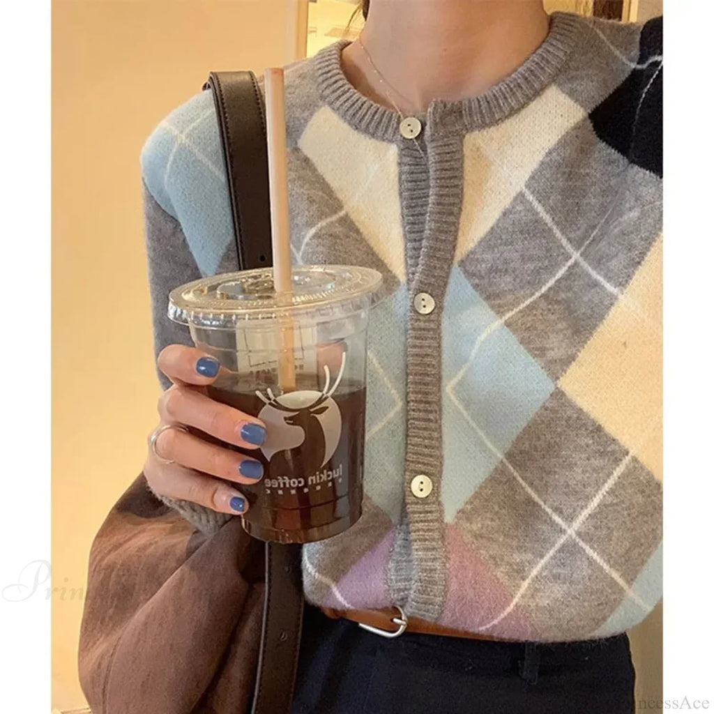 Plaid Round Neck Loose Knit Cardigan