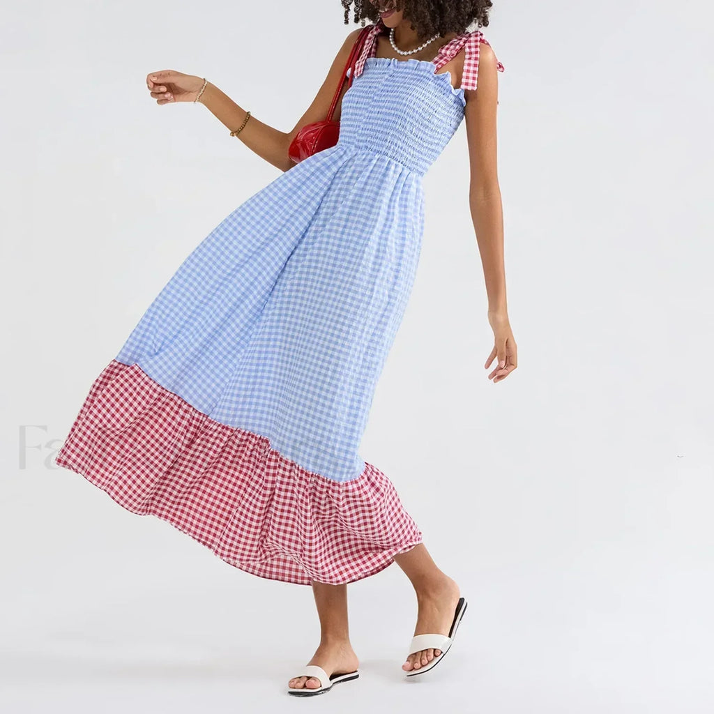Plaid Tie Strap Swing Maxi Dress