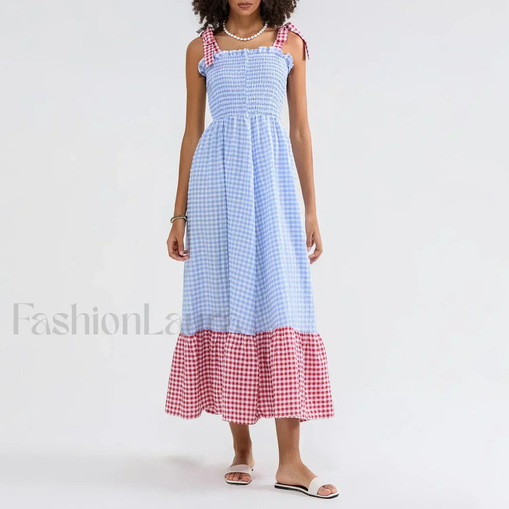 Plaid Tie Strap Swing Maxi Dress