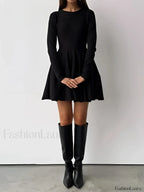 Plain Pleated Sweater Short Dress