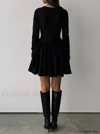 Plain Pleated Sweater Short Dress