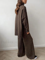 Plain Turtleneck Knit Pants Two Piece Set