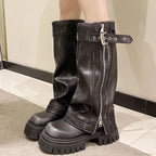 Platform Crease Knee High Gothic Belt Clasp Boot