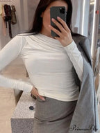 pleated color sleeve long Solid slim fit neck round T-shirt