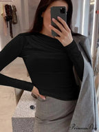 pleated color sleeve long Solid slim fit neck round T-shirt