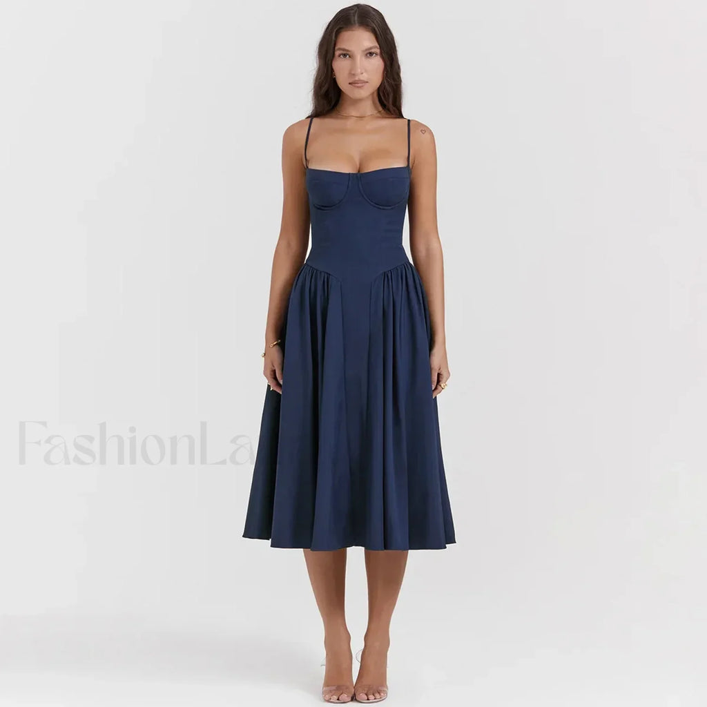 Pleated Spaghetti-Strap Midi Dress