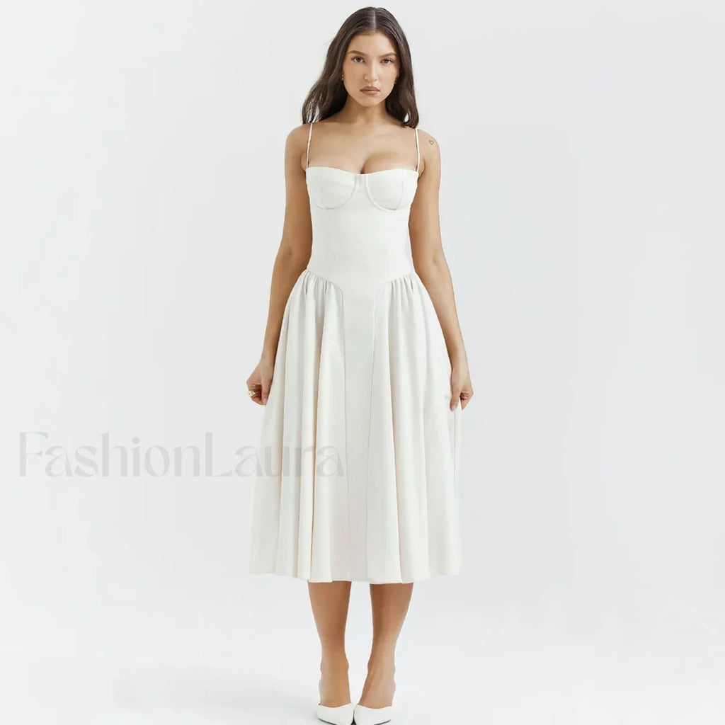 Pleated Spaghetti-Strap Midi Dress