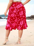 Plus Size Floral Slit High Waist Vacation Skirt