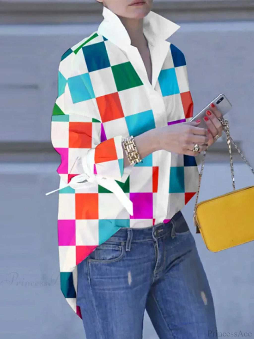Plus Size Patchwork Plaid Turn-down Collar Blouse