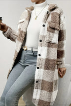 Plush Plaid Button Front Wide Lapel Relaxed Overcoat